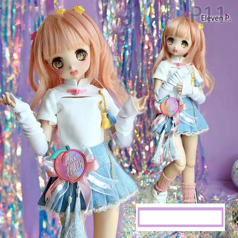

Bjd 1/4 1/3 BJD Peach DD SD MDD Singing Suit Set Pleated skirt white Long sleeved T-shirt