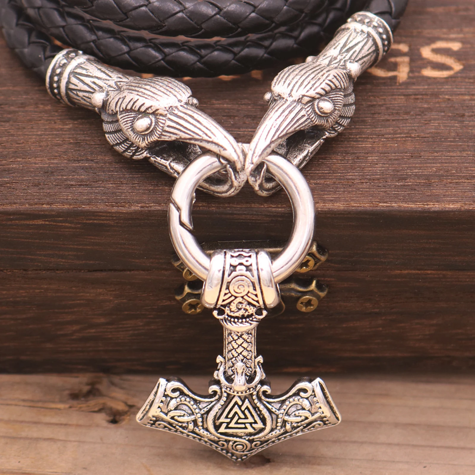 Men's Thor's Hammer Pendant Necklace Viking Double Crow Head Script Personalized Jewelry