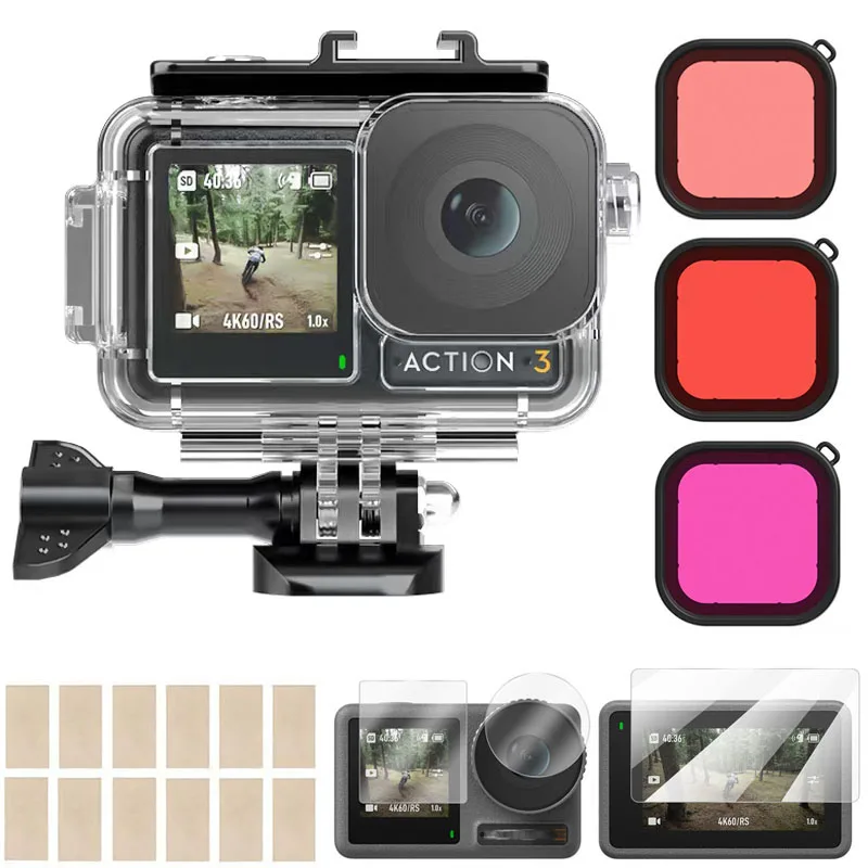 

Waterproof Housing Case for DJI Osmo Action 3 Action Camera Accessories 60M Diving Tempered Glass Screen Protector 3 Pack Filter