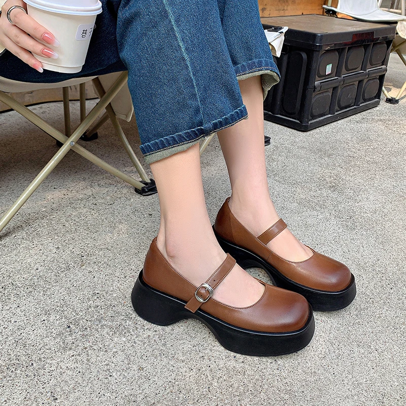 

Platform Mary Janes Women Cow Leather Round Toe Metal Buckle Strap Chunky Sole Female Lolita Shoes Handmade