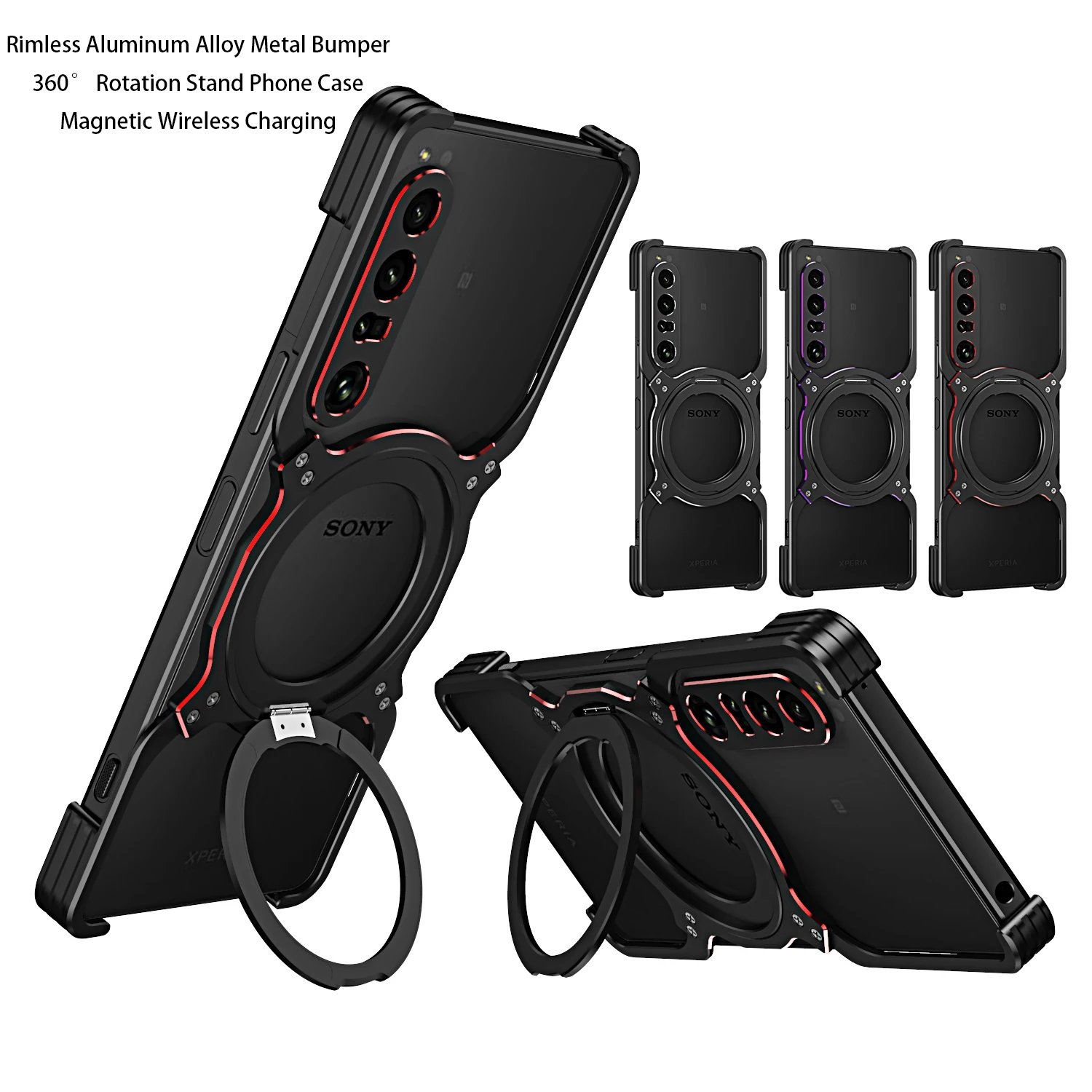 Magnetic Rimless Metal Case with Aluminum Bumper and Wireless Charging, Shockproof Stand Cover
