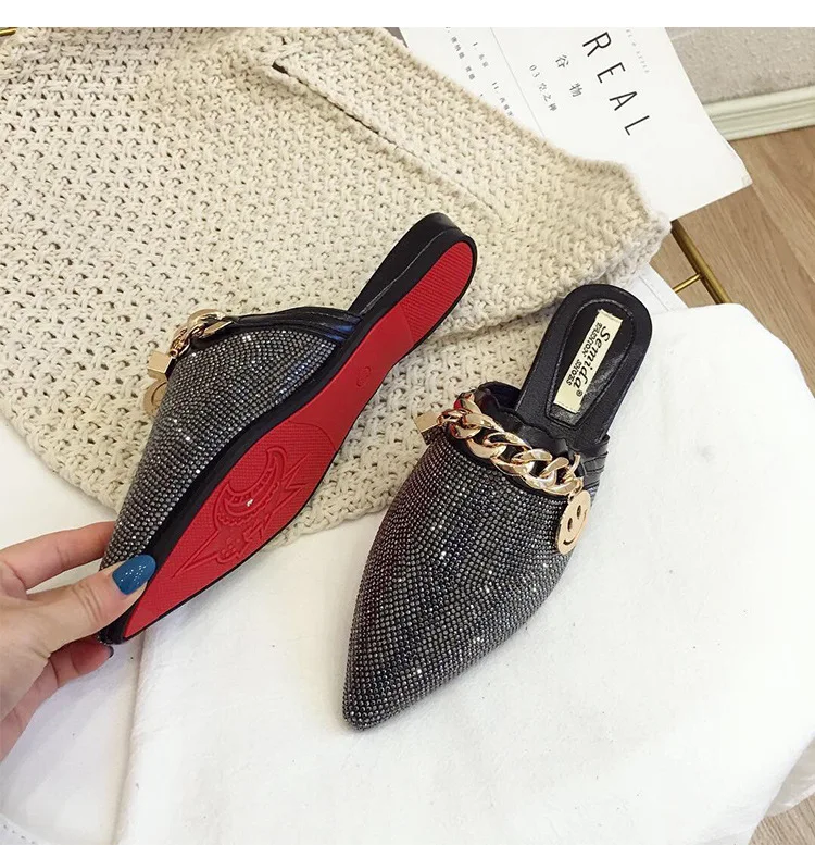Pointed Toe Slippers Rhinestone Flat Sandals Shiny Metal Chain Women Evening Party Slides Shoes 2023 Summer Lady Half Slippers