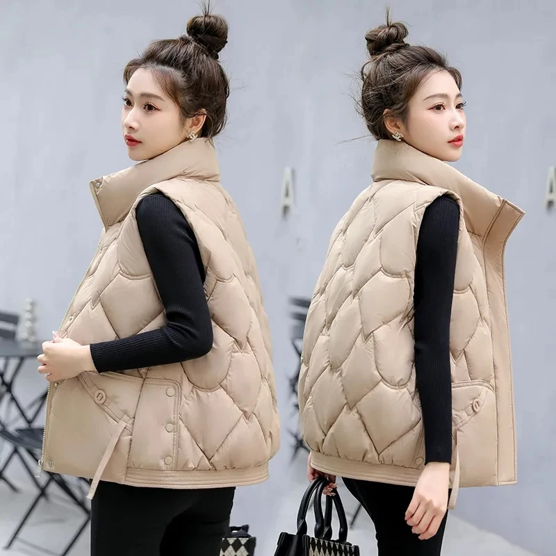 

Autumn Winter New Korean Sleeveless Down Cotton Vest Women's Standing Collar Short Casual Loose Warm Waistcoat Female Jacket