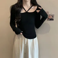 New Winter Sexy Black T-shirt Women Kpop Japanese Y2K Vintage Tee Shirt Woman Autumn Skinny Korean Fashion White Clothes Tops