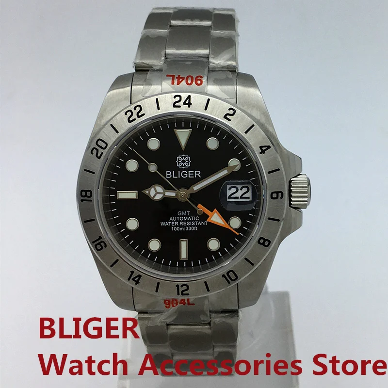 

BLIGER 40mm Silver Case Automatic Men Watch Black Dial Orange GMT Hand NH34A DG3804 Movement Sapphire Glass Oyster Bracelet