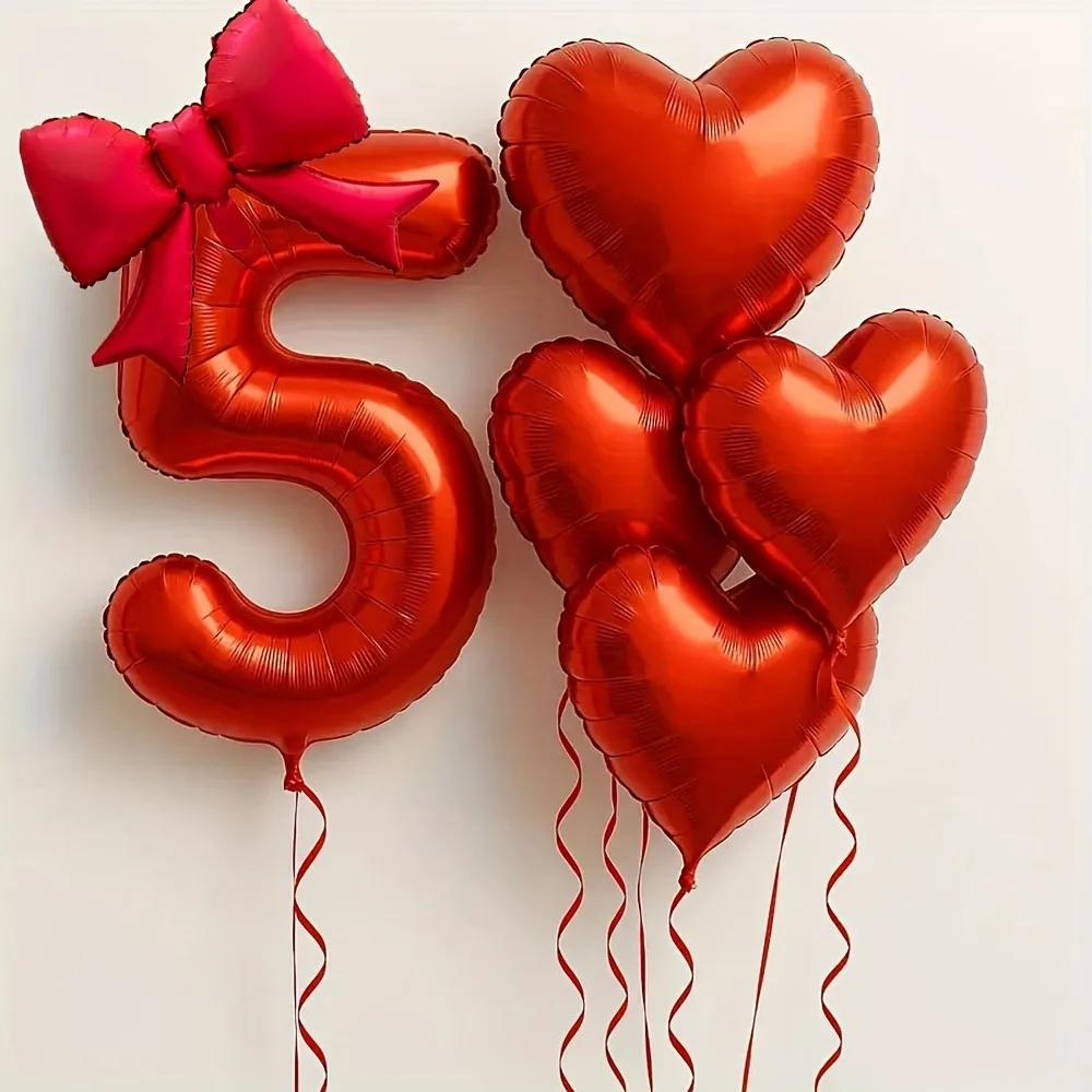 6 Teile/satz Rote Herz Folienballons Set mit Zahlen und Schleife Quasten für Geburtstag, Hochzeitstag, elegante Dekoration – Detail 10