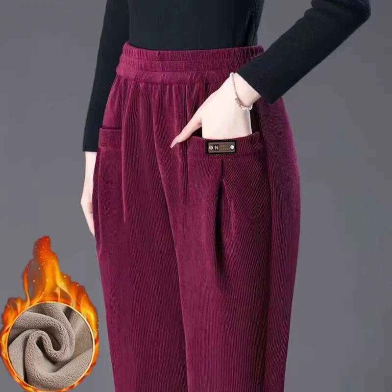 Fleecing Elastic Waist Pencil Pants Solid Casual Warm Long Pant Winter Women's Clothing Promotion Trouser Office Lady Simple New