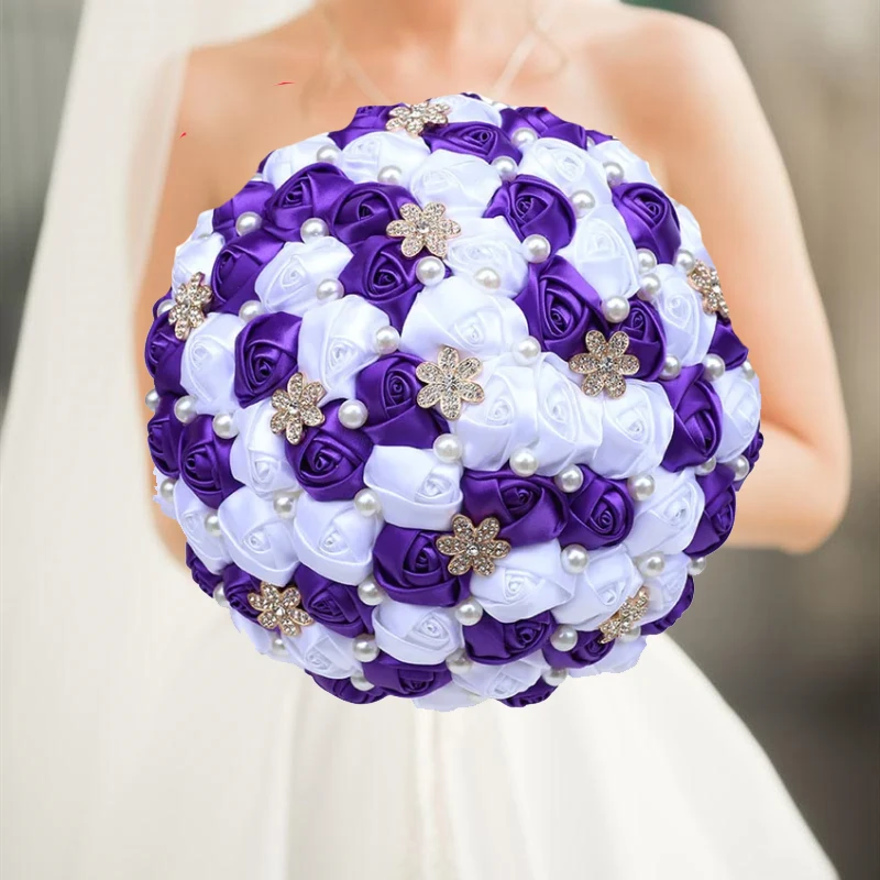 

Purple Bride and Bridesmaids Holding Bouquet Handmade Satin Rose Wedding Church Decoration Romantic Elegant Wedding Flowers