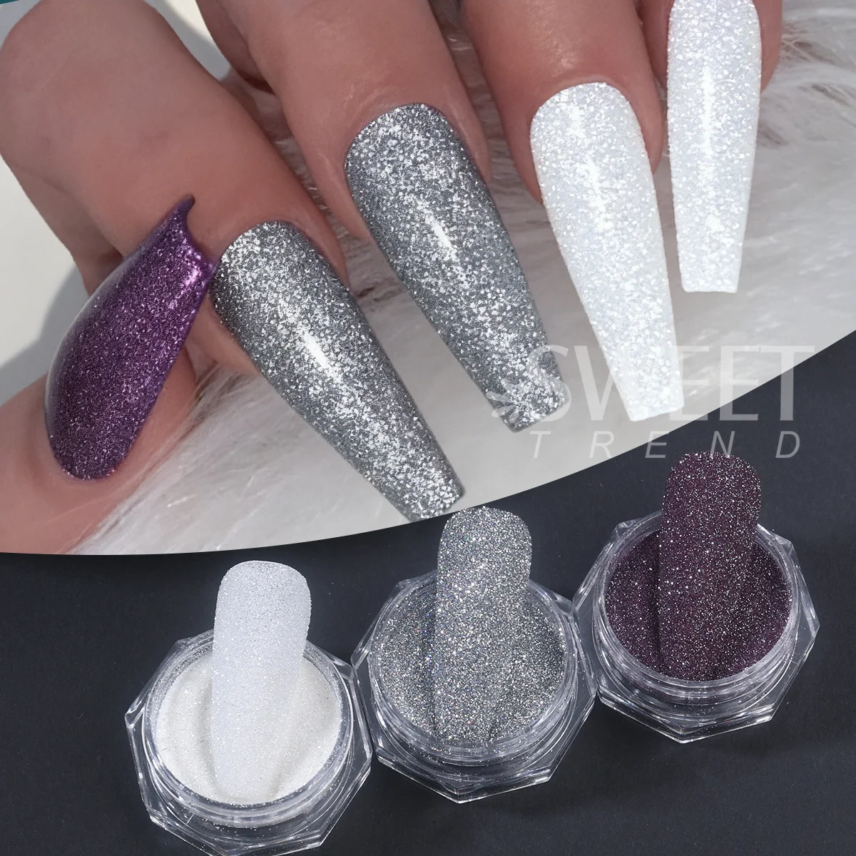 3PCS Reflective Glitter Nail Powder Sparkle Silver Dark Purple White Chrome Dust Shimmer Diamond Elegant Wedding Manicure Flash