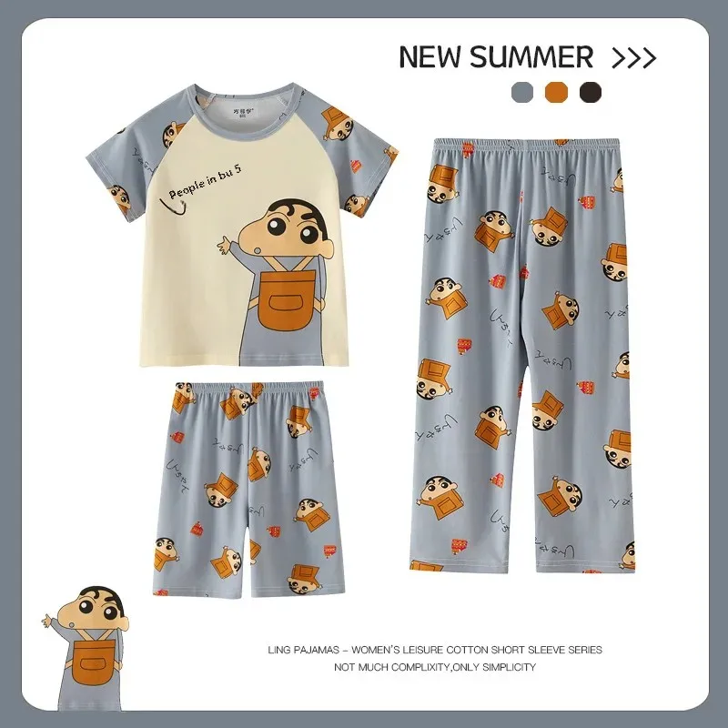 ملابس نوم صيفية للفتيات والأطفال سراويل طويلة رفيعة بأكمام قصيرة ملابس منزلية بتصميم كرتوني طقم بيجامات للأطفال خفيف الوزن