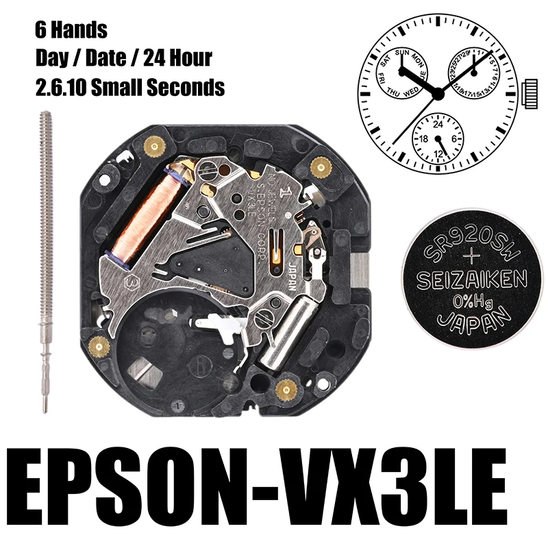 Фото Часовой механизм VX3J epson VX3JE, Аналоговый кварцевый механизм 10 1/2 '', тонкий механизм, 3 стрелки (H/M/S), 3 глаза, дневная/дата/24 часа №5