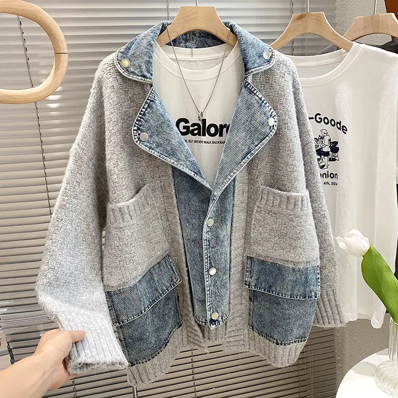2023 New Autumn Winter Women Splicing Denim Jacket Women Long Sleeve Jean Jackets Female Loose Sweater Cardigan Jacket 5