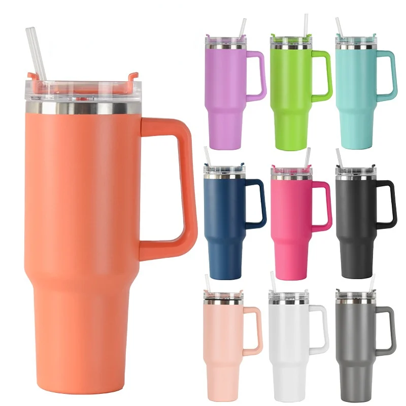 

40OZ Straw Insulation Cup with Handle Portable Car Stainless Steel Coffee Water Bottle LargeCapacity Travel BPA Free Thermal Mug