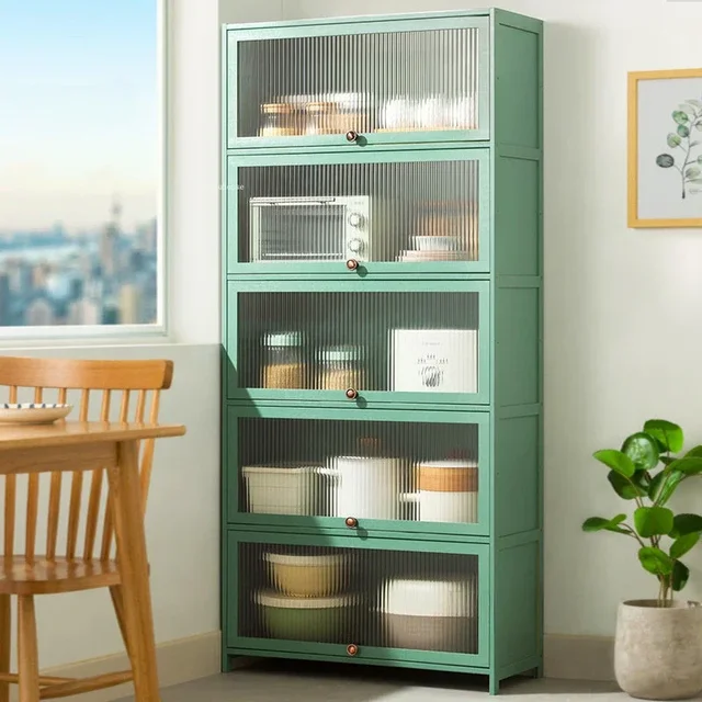 ตู้ครัวไม้ไผ่ทันสมัยพร้อมบานประตู – ที่เก็บของหลายชั้นสำหรับเตาไมโครเวฟและอื่นๆ 4