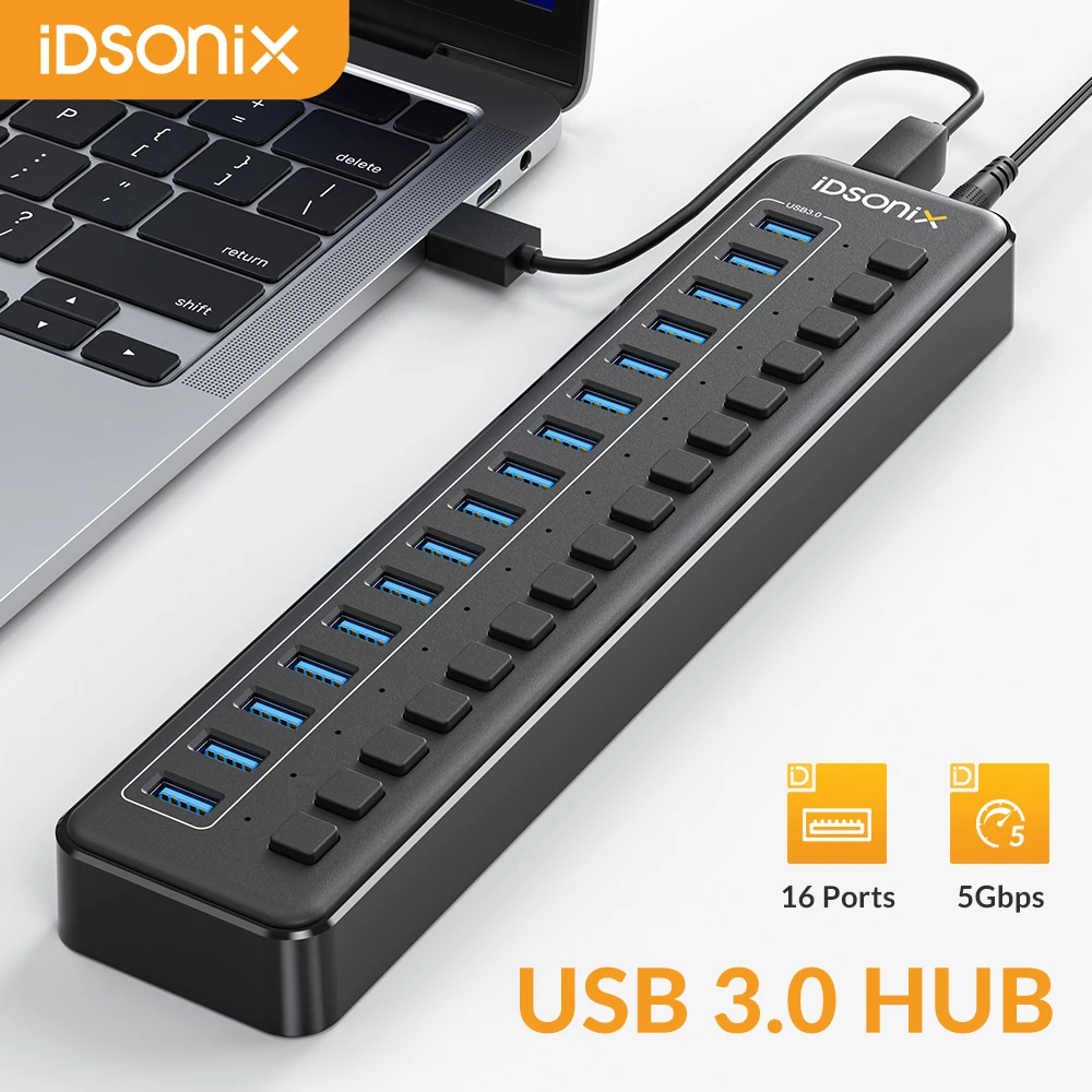 Idsonix 16 Porte Usb 3.0 Hub Multi Usb Splitter Dock Station Ricarica Rapida Adattatore Hub Interruttore Individuale Per Pc Laptop Mac Pro
