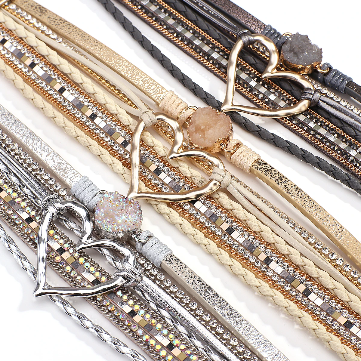 Amorcome Fashion Braided Leather Wrap Bracelets Bangles Multilayer Resin Stone Hollow Heart Charm Bracelets Women Gift Pulseira bracelet jewelry