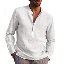 

New Shirts for Men 100% Cotton Line Men Long-Sleeved Shirts Summer Solid Color Stand-Up Collar Casual Beach Shirts Plus Size 3XL