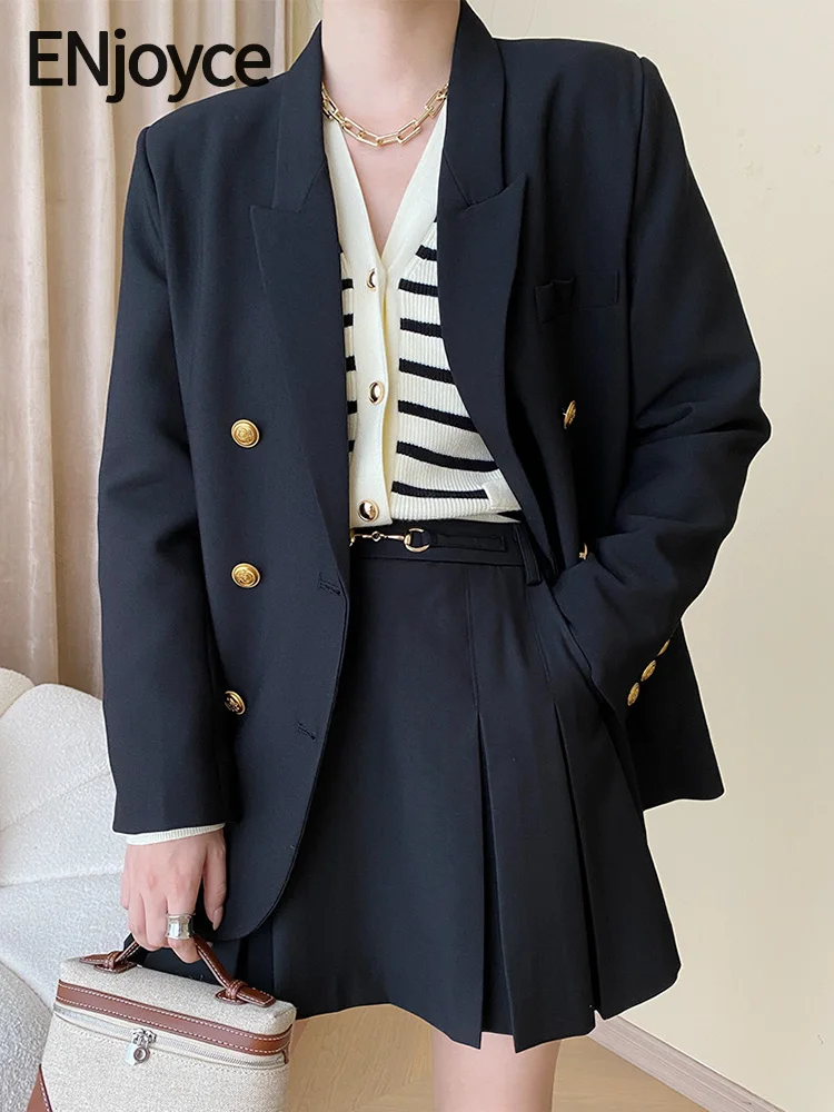 

ENjoyce Spring Fall Women Vintage Double-Breasted Black Blazer Korean Casual Loose Long Sleeve Suit Workwear Jacket Outerwear