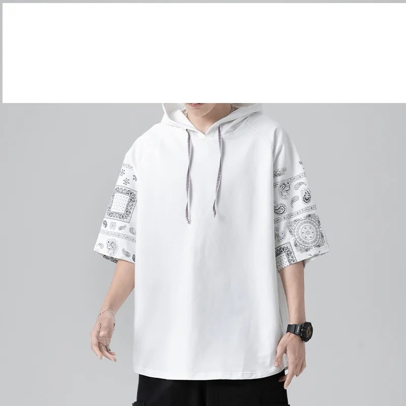Summer Men's Pullover Hooded Drawstring Geometric Printing Sports Half Sleeve T-shirt Hoodies Casual Loose Preppy Style Tops