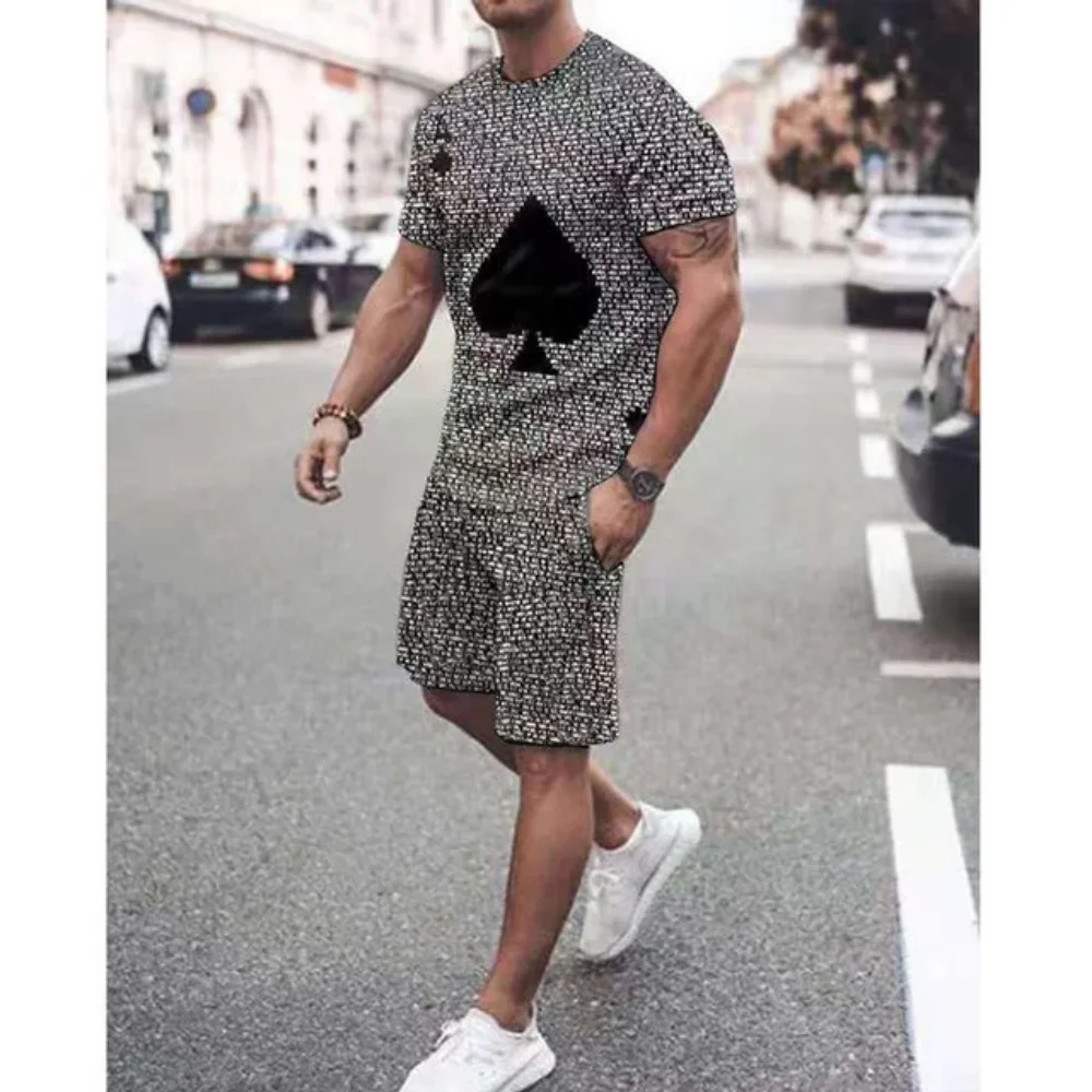 New Summer Men's 2 Piece Round Neck Short Sleeve T-Shirt + Shorts Set Polyester 3D Printing Casual Loose Sportswear Homewear