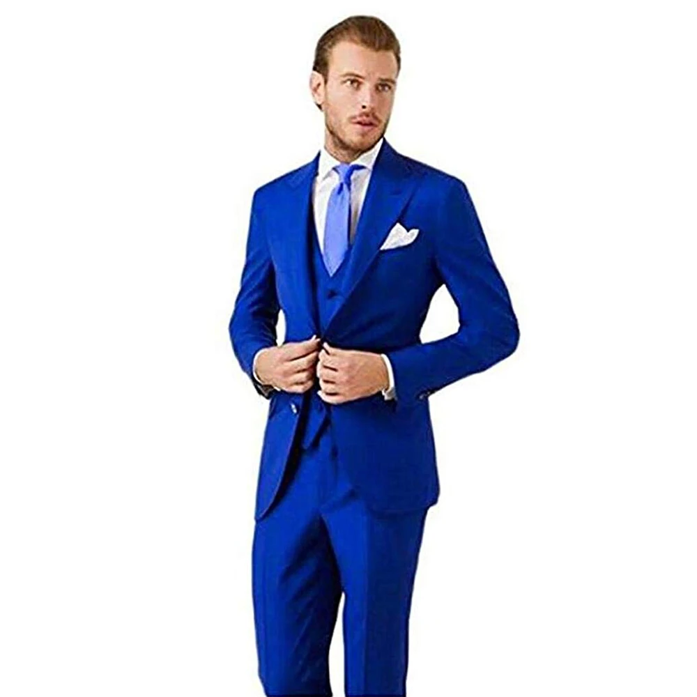 Blue Men's 3 Pieces Fashion Suits Slim Fit Groomsmen Tuxedos Formal Wedding/Business Men Suits Jacket+Vest+Trousers for Party