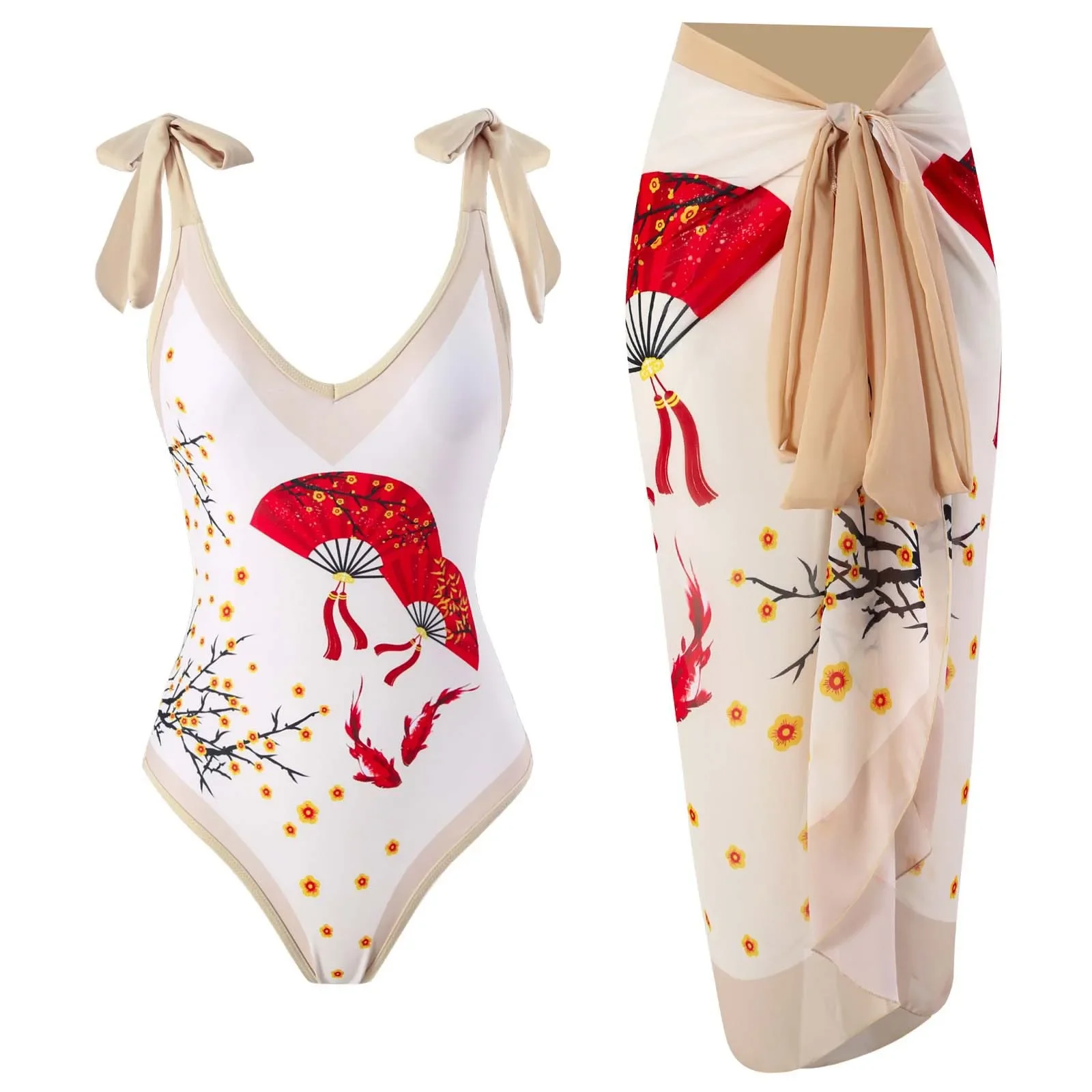 2024 New One Piece Swimwear Women's Tight and Slimming Big Flower Swimwear Set Chiffon Long Skirt Vacation Bikini Skirt
