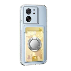 Magnetic Ring Holder Wallet Case with Card Slot and Transparent Silicone Cover for Redmi note 14Proplus (Silver)