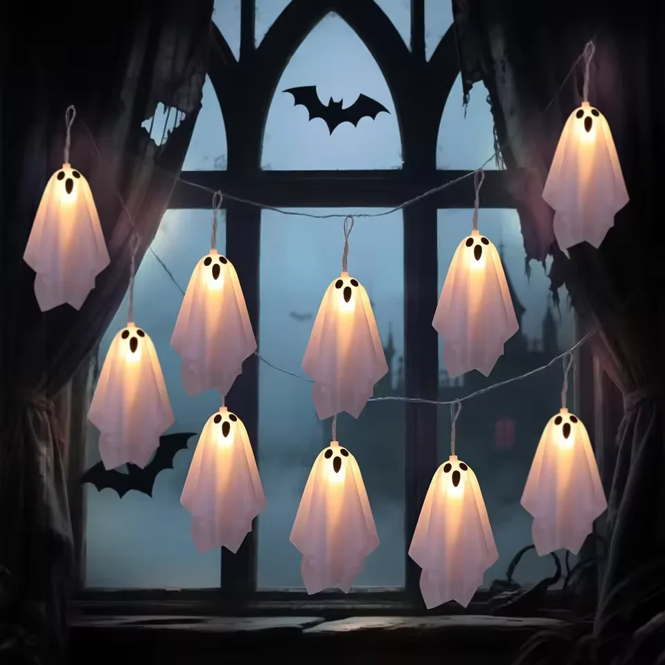 1set Halloween Decoration Hanging Ghosts Spooky Ghosts String Light LED Glowing White Ghost Garland Haunted House Horror Props