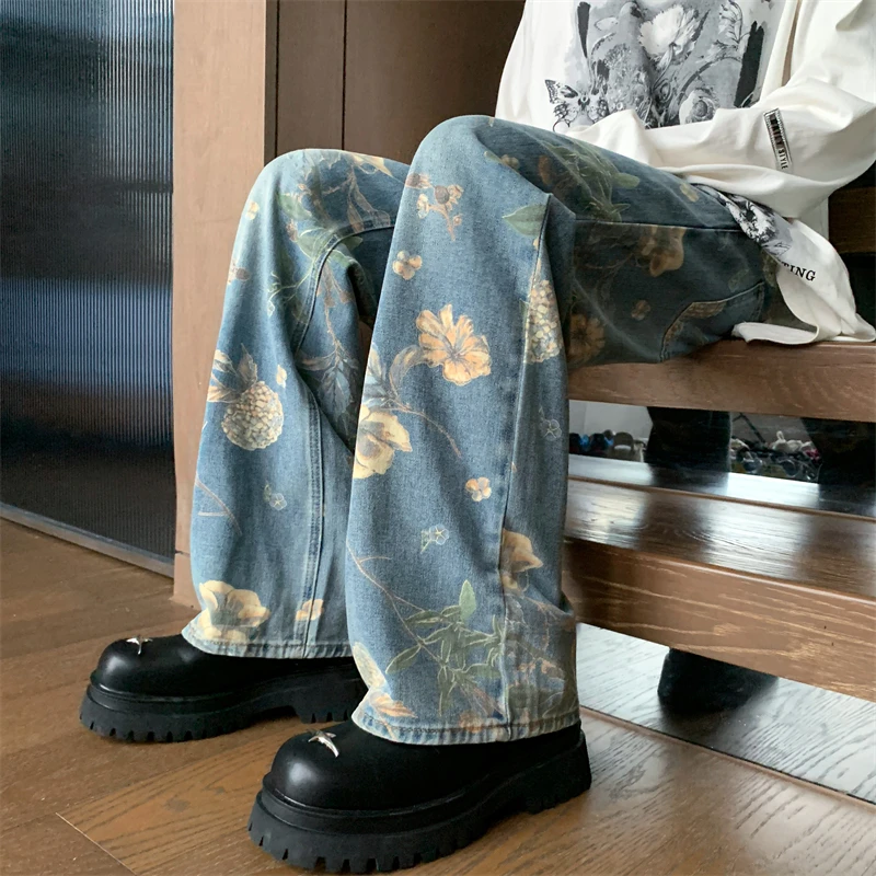 Printed Jeans Men's High Street Vintage Retro Spring Autumn Denim Loose Straight Washed Wide-leg Pants Casual Cowboy Trousers