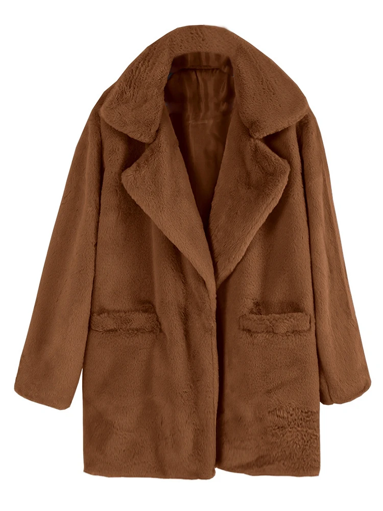 Women's Coat Woolen Overcoat 2023 New Mid Length Version Pure Color Lapel Loose Plush Imitation Fur Jacket Woman Clothing Tops
