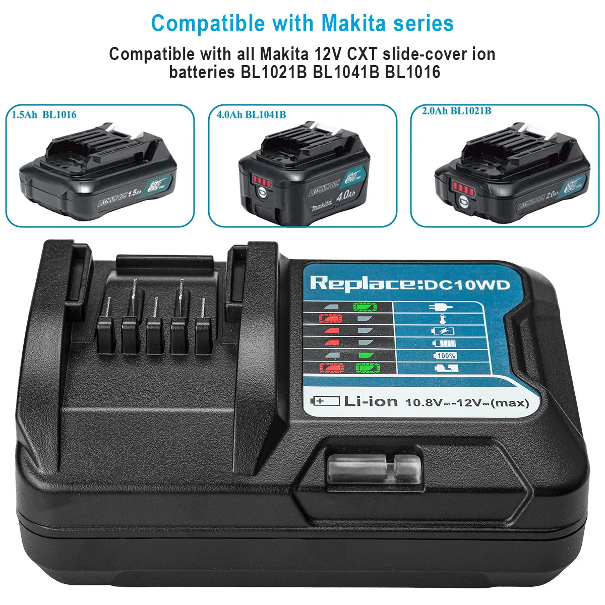 

10WD Li-Ion Battery Fast Charge For Makita 10.8V 12V Tool BL1015 BL1016 BL1021B BL1041B FD05 36W 3A Lithium LED Light Charger