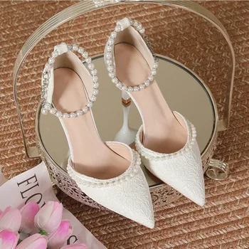 High Heeled Shoes Women's Sandals with A Thin Heel and Pointed Toe A Straight Cut Lace Surface White Pearl Bridal Shoes Women 1