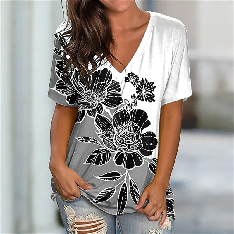 Summer Women Tshirts 3d Floral Print Short Sleeve Vneck Oversized