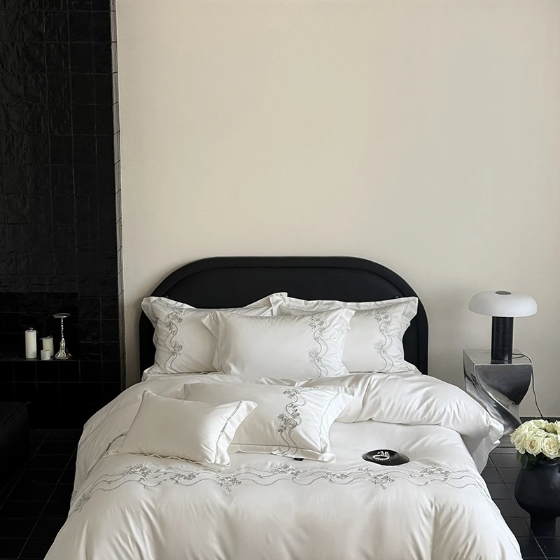 Flowers Embroidery Luxury Bedding Set 800TC Lyocell Cotton Soft Silky Cool Feeling Duvet Cover Flat/Fitted Bed Sheet Pillowcases 6