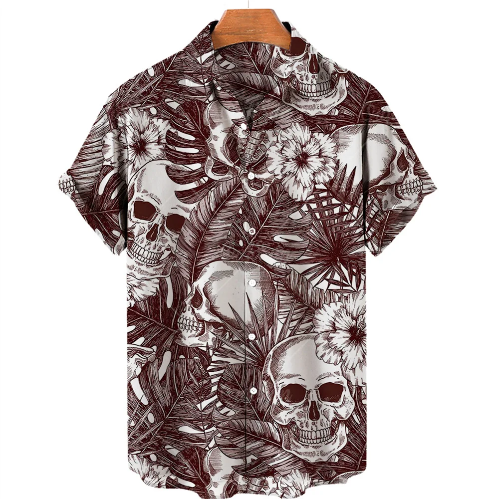 Skull Print Hawaiian Shirt Men Summer Short Sleeve Loose Beach Breathable Hip Hop Harajuku Top Oversize 5XL 4