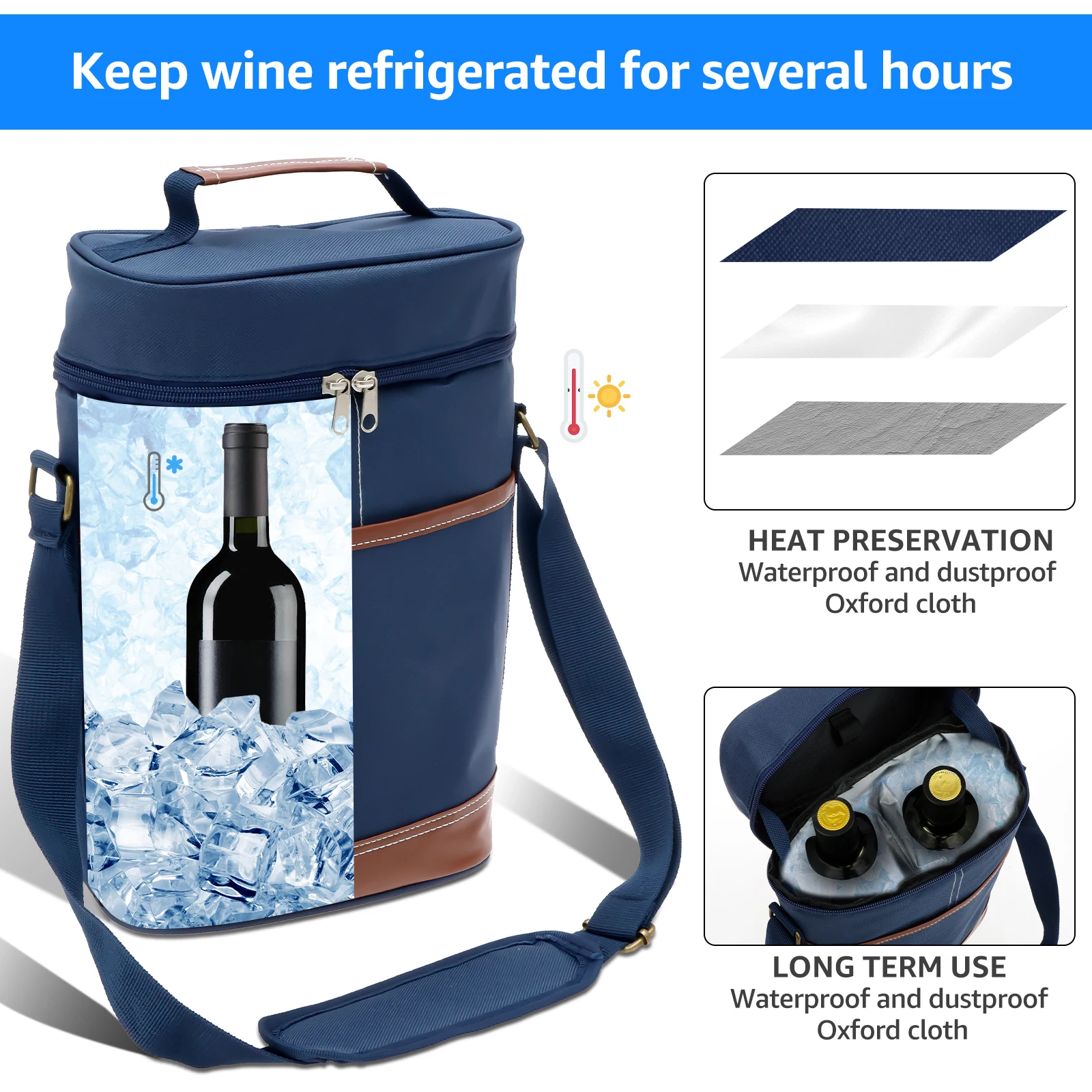2 Bottle Wine Bag with Shoulder Strap and Leather Handle Leakproof and Insulated Wine Carrier for Travel BYOB Beach Dinner Party