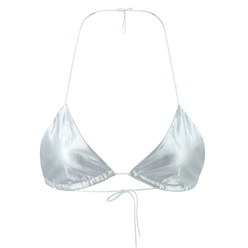 Women Summer Thin Simple Cup Bra Metallic Silver Color Bralette_voghion.com