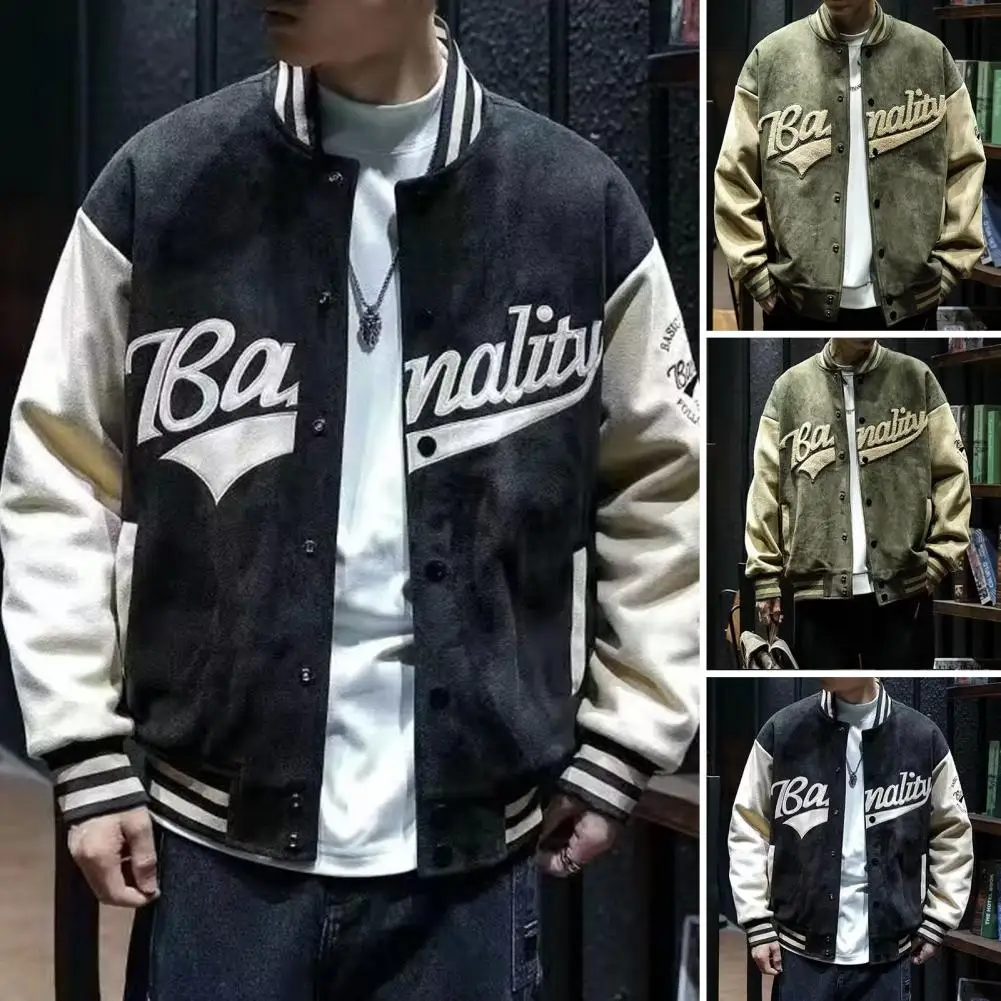 

Men Baseball Coat Men's Embroidered Suede Baseball Coat with Stand Collar Side Pockets Stylish Single Breasted Jacket