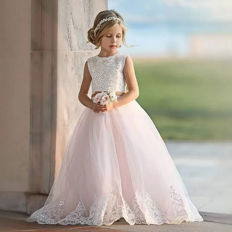 

Light Pink Tulle Girls Dresses Sequined Lace Princess Wedding Kid Dress Girls First Communion Dress Size 4 8 10 12Y