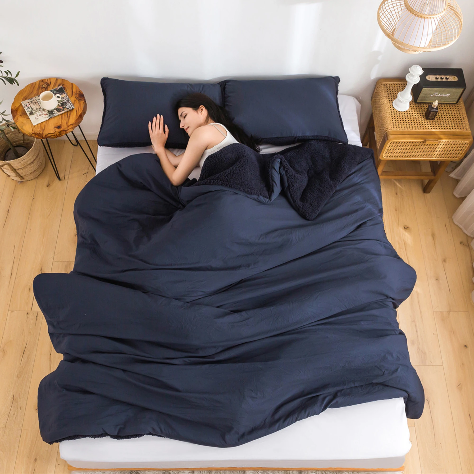 

Comforter Set King Bedding Comforter Sets Soft Warm Sherpa Comforter Fluffy Light Weight Washable -Dark Navy Blue