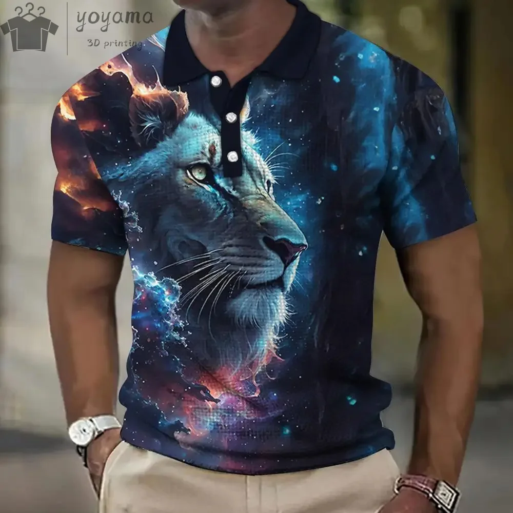 Summer Men Polo Shirt Lion 3D Printed Simple Lapel Button Shirts T-Shirts for Men Short Sleeve Tee Casual Outfits Fashion Tops