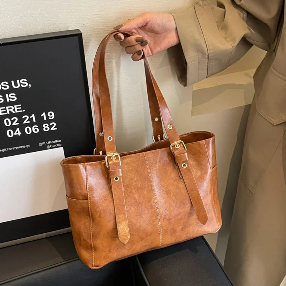 Fashion Retro Women PU Leather Shoulder Bags Trend High End Lady Tote Bag Large Capacity Female's Commuter Bag Handbag Purses
