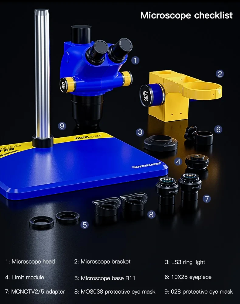 메카닉 D65T-B11 삼안 입체 현미경 6.5-65배 줌 HD 광학 렌즈 휴대폰 전자 PCB 납땜 도구 키트
