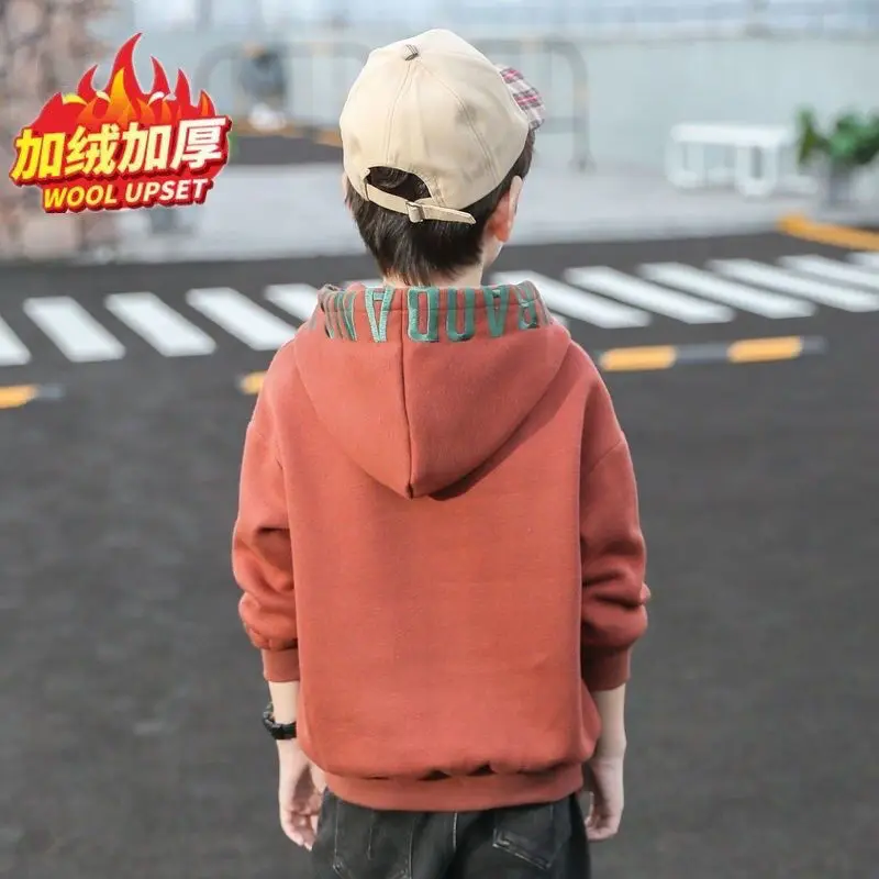 Children's Letters Autumn and Winter Fleece-Lined Thickened New Hooded Children's Western Style Top Sweater Clothing