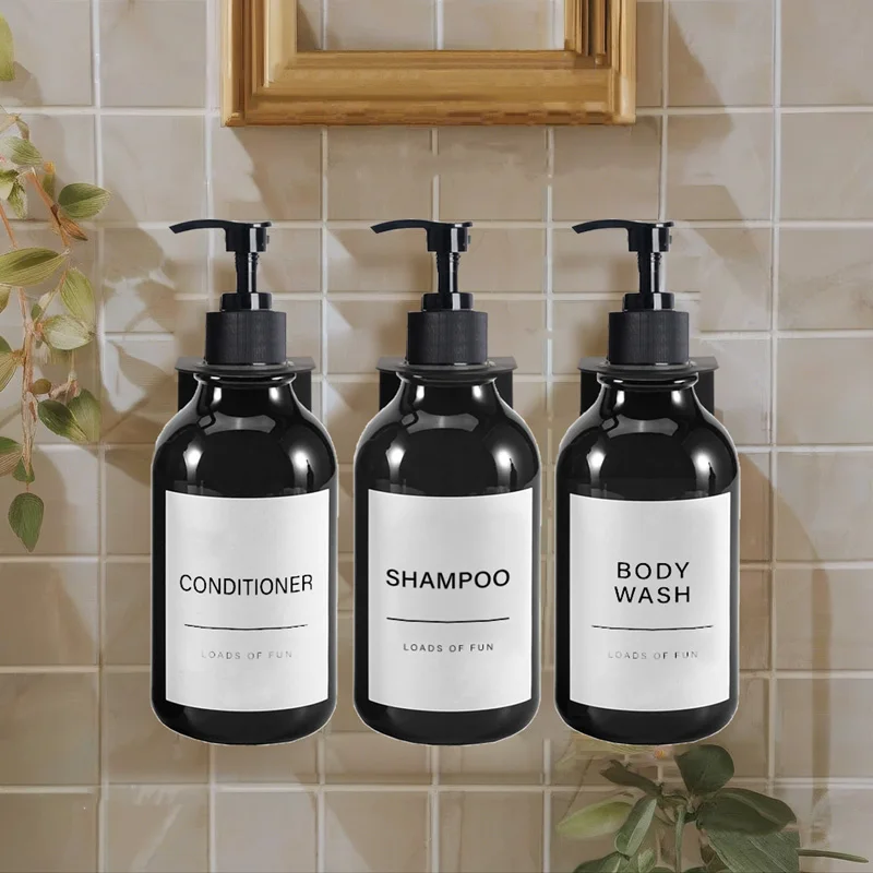 500ml Soap Dispenser Refillable Shampoo Shower Gel Bottle Bathroom Tray Rack Press Type Empty Bottle Waterproof Labels
