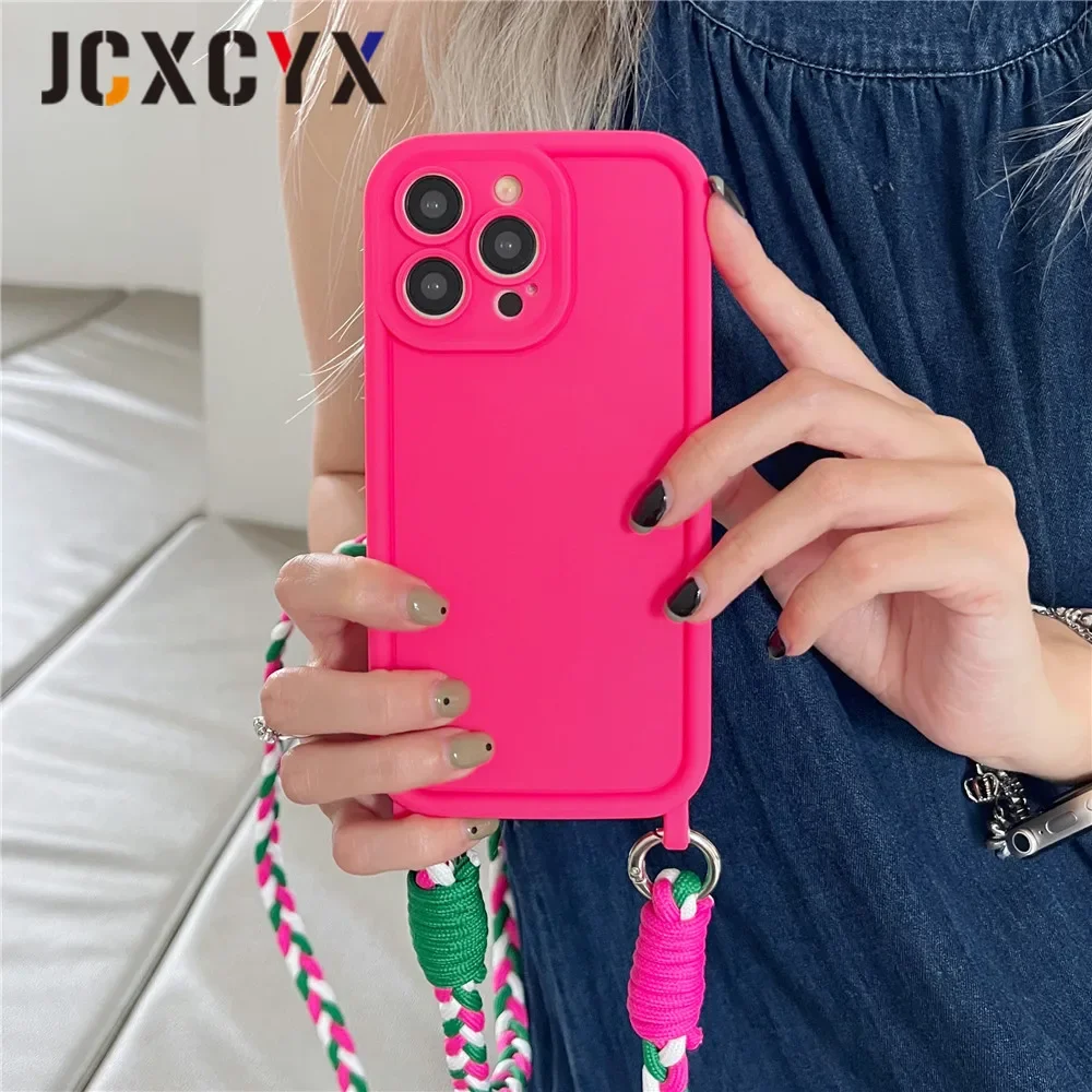 Luxury Matte Liquid Silicone Crossbody Necklace Cord Lanyard Soft Case For iPhone 16 14 Pro Max 15 13 12 11 XS Shockproof Cover