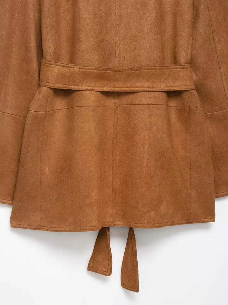 Women's Suede Suit Jacket Long Sleeve Flap Pockets With Belt Blazers Jackets Female Outerwear Chic Tops ﻿
