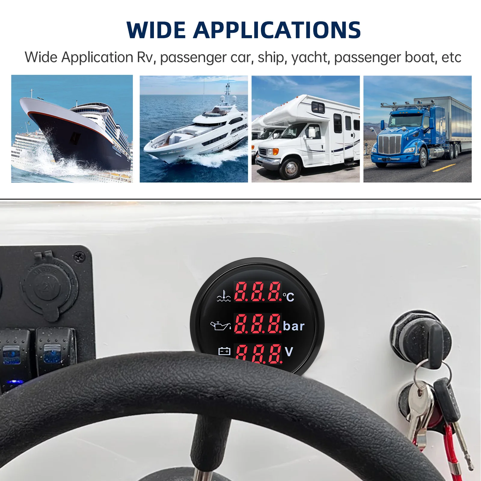 Boat Car Multifunction Gauge 52mm 3 IN 1 Gauge Water Temperature Gauge + Oil Pre