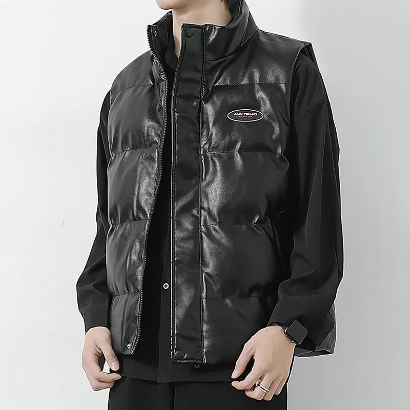 Male Fashion Trend Stand Collar PU Leather Coat Black Colour Bright Leather Zipper Letter Label Decorate Clothing Sleeveless 3XL