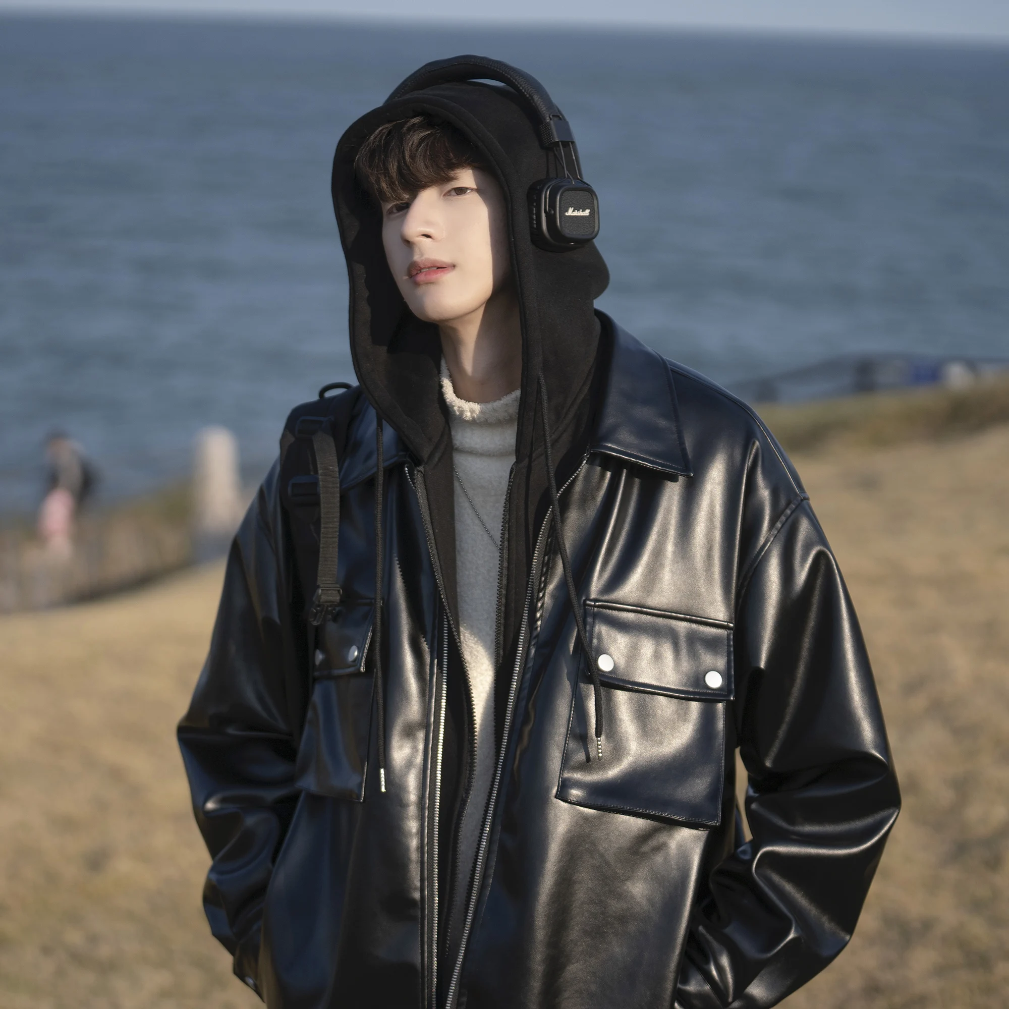 Cotton Coat Men's Winter Hooded Leather Coat Men's Leather Cotton Thickened Warm Male Long Sleeve Solid Color Cotton Coats